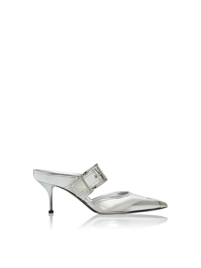 ALEXANDER MCQUEEN Womens Silver Padded Hardware Toe Cover Metallic Adjustable Pointed Toe Stiletto Slip On Leather Dress Heeled Mules Shoes 39.5