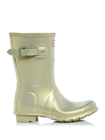 HUNTER Womens Gold Metallic Logo Buckle Accent Padded Short Nebula Round Toe Rain Boots 10