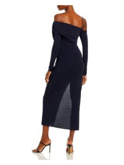 JASON WU Womens Navy Zippered Slitted One Shoulder Strap Lined Long Sleeve Off Shoulder Maxi Evening Sheath Dress 6