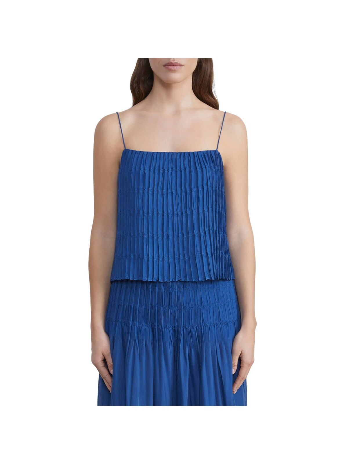 LAFAYETTE 148 NEW YORK Womens Blue Smocked Pleated Lined Spaghetti Strap Square Neck Cami Top L