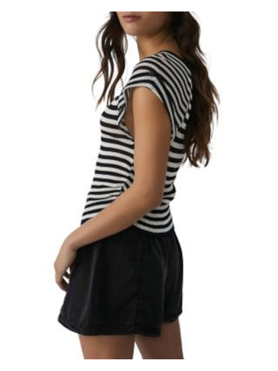 FREE PEOPLE Womens Black Ruched Curved Hem Striped Cap Sleeve Round Neck Top XS