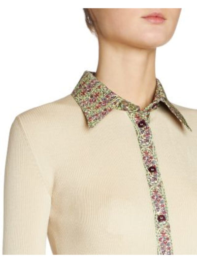 ETRO Womens Beige Ribbed Long Sleeve Point Collar Button Up Top 42