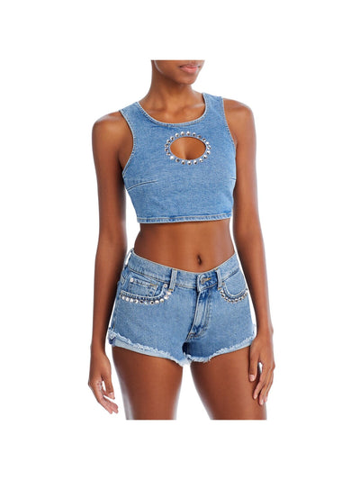 7 FOR ALL MANKIND Womens Blue Embellished Cut Out Zippered Scoop Back Sleeveless Round Neck Crop Top M