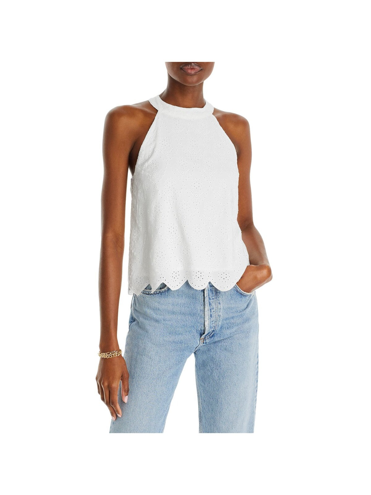 AQUA Womens White Scalloped Lined Cut-in Shoulders Keyhole Back Sleeveless Crew Neck Top XS