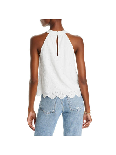 AQUA Womens White Scalloped Lined Cut-in Shoulders Keyhole Back Sleeveless Crew Neck Top XS