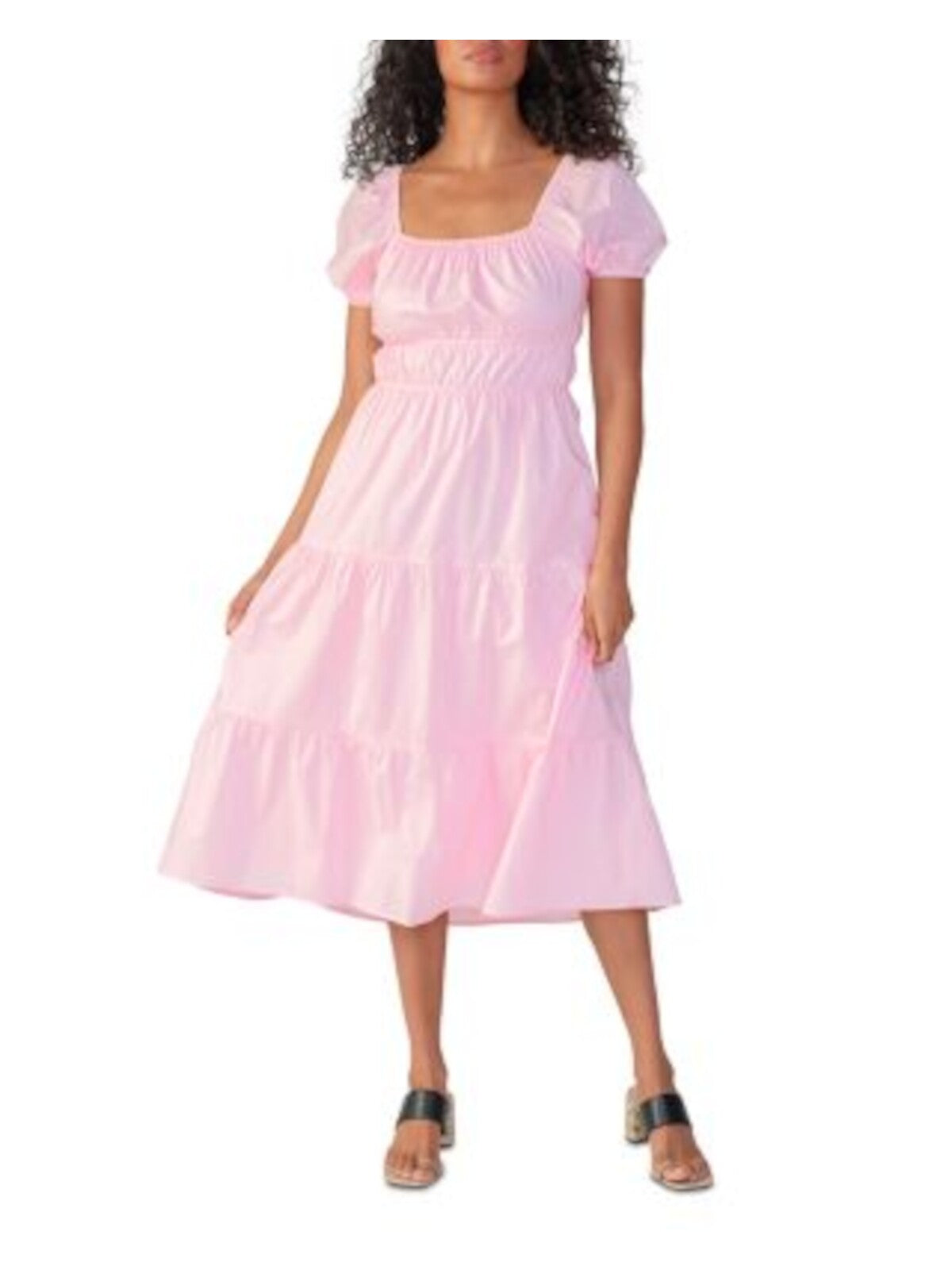 SANCTUARY Womens Pink Lined Tie Back Keyhole Elastic Waist Tiers Short Sleeve Square Neck Midi Fit + Flare Dress 8