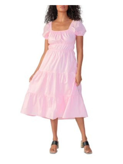 SANCTUARY Womens Pink Lined Tie Back Keyhole Elastic Waist Tiers Short Sleeve Square Neck Midi Fit + Flare Dress 8