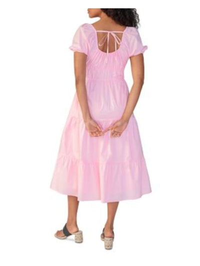 SANCTUARY Womens Pink Lined Tie Back Keyhole Elastic Waist Tiers Short Sleeve Square Neck Midi Fit + Flare Dress 8