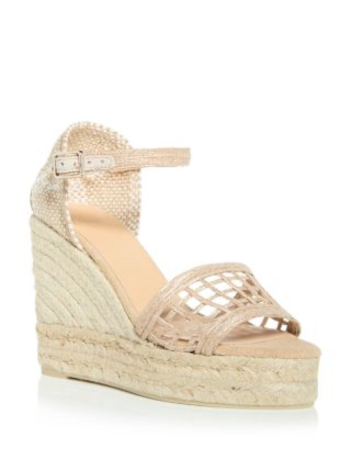 CASTANER Womens Beige Mixed Media 1-1/2" Platform Caged Woven Padded Ankle Strap Bari Almond Toe Wedge Buckle Espadrille Shoes 39