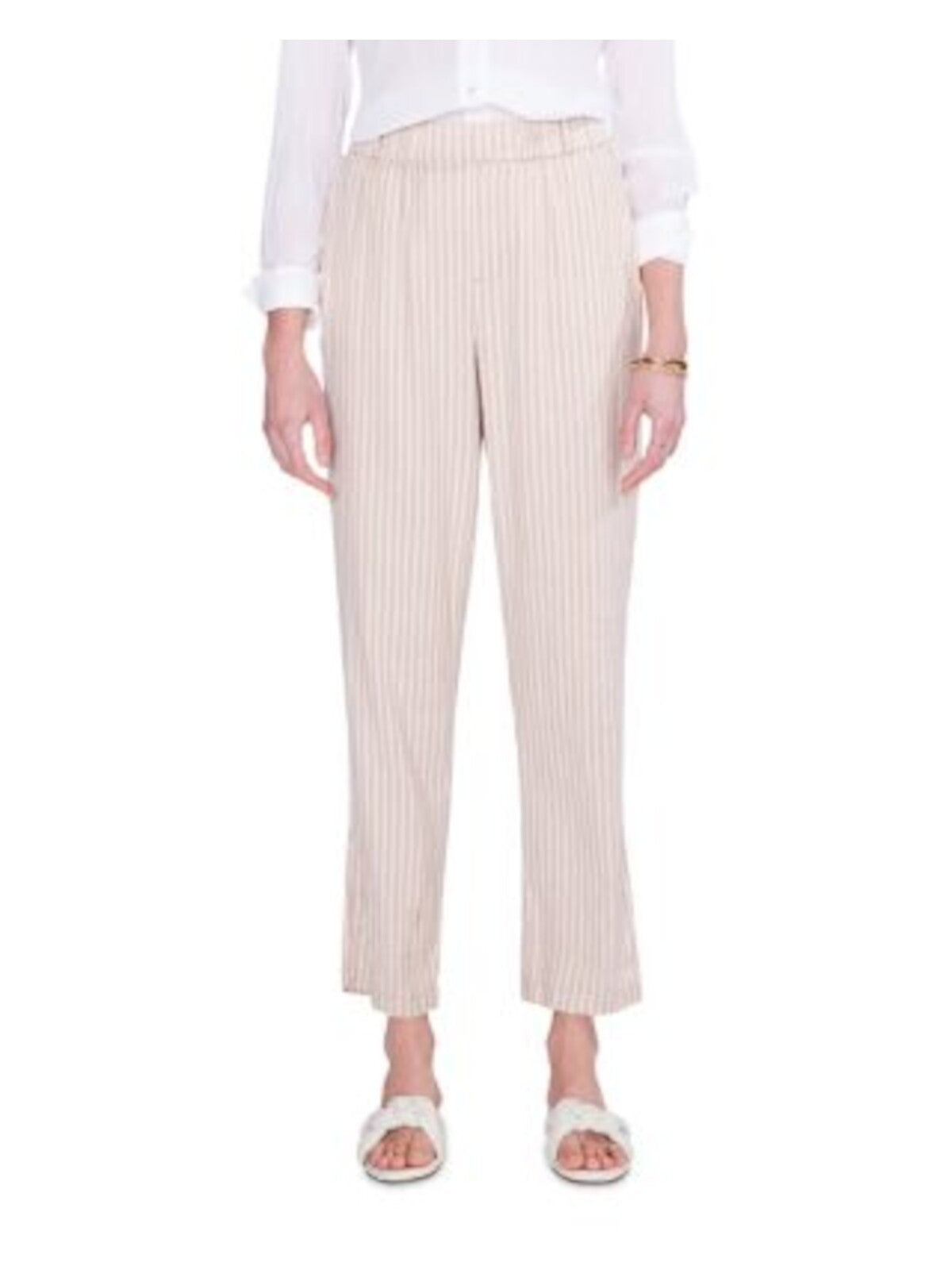 NIC+ZOE Womens Beige Pocketed Faux Fly Elastic Waist Ankle Striped Straight leg Pants 2