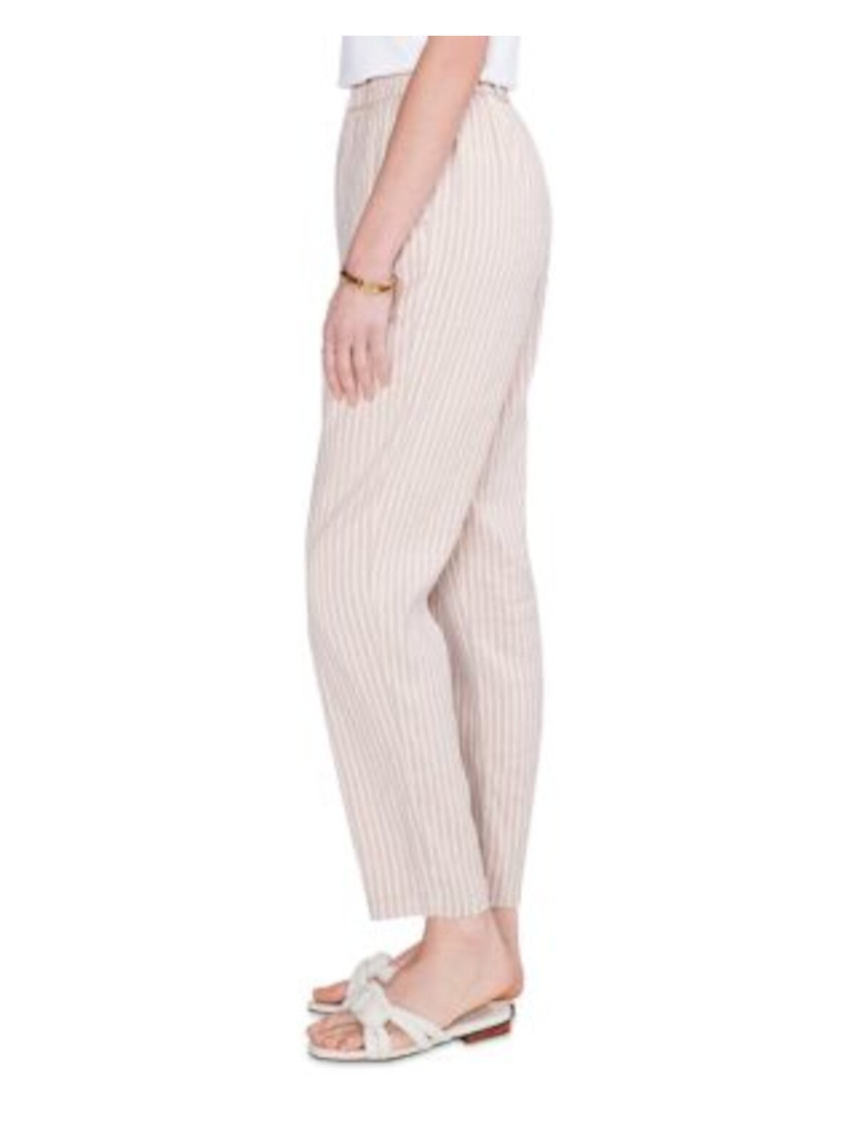 NIC+ZOE Womens Beige Pocketed Faux Fly Elastic Waist Ankle Striped Straight leg Pants 10