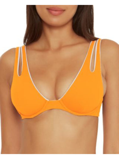 BECCA Women's Orange Ribbed Stretch Back Hook Removeable Cups Adjustable Cutout Bra Swimwear Top S\P