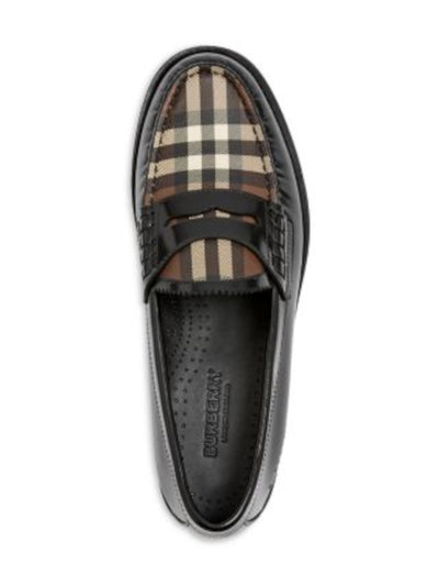 BURBERRY Womens Black Mixed Media Penny Strap Moc-Toe Plaid Upper Padded Shane Round Toe Slip On Leather Loafers Shoes 37.5