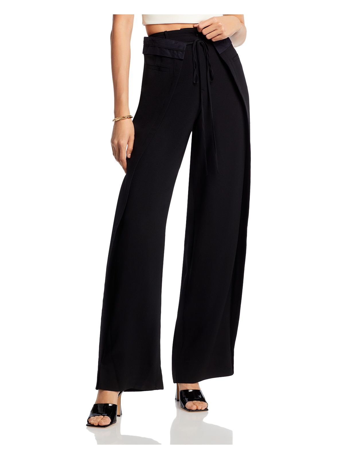 JASON WU Womens Black Zippered Pocketed Flap Front Wide Leg Tie Front Party High Waist Pants 8