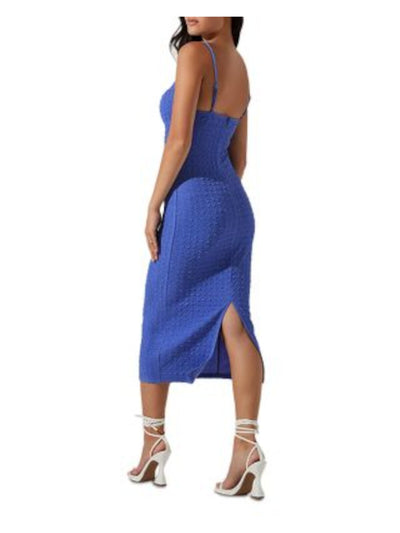 ASTR Womens Blue Textured Zippered Slit Hem Spaghetti Strap Sweetheart Neckline Midi Party Body Con Dress S