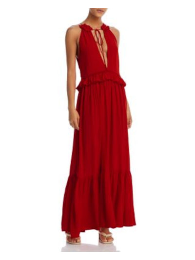 EVARAE Womens Red Ruffled Tie Back Cutout Flounce Hem Lined Sleeveless V Neck Maxi Party Dress 10