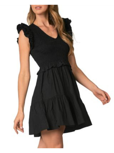 ELAN Womens Black Cap Sleeve V Neck Mini Peasant Dress XS