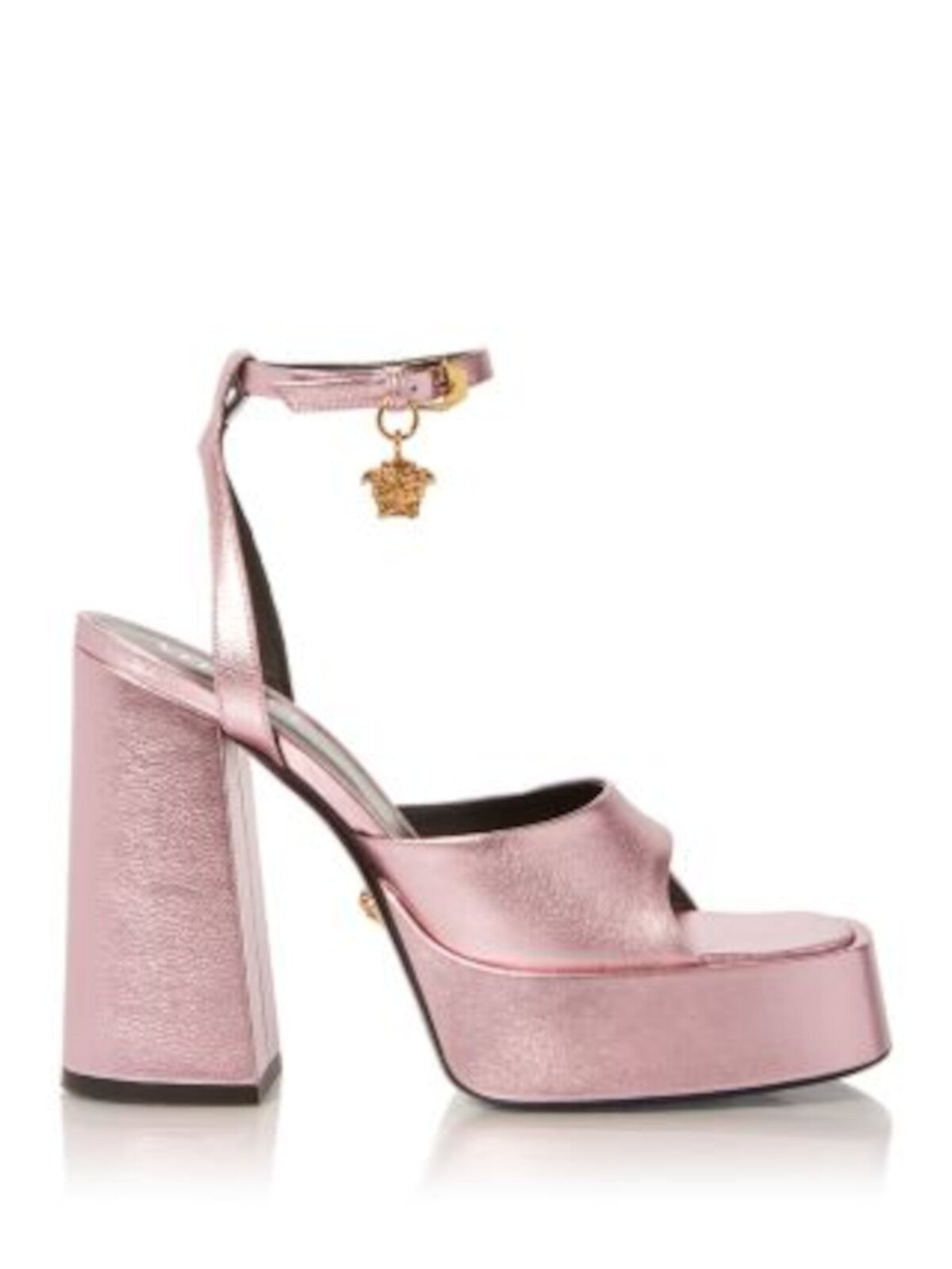 VERSACE Womens Pink 1-1/2" Platform Padded Logo Charm Ankle Strap Metallic Charm Square Toe Block Heel Buckle Leather Heeled Sandal 36.5