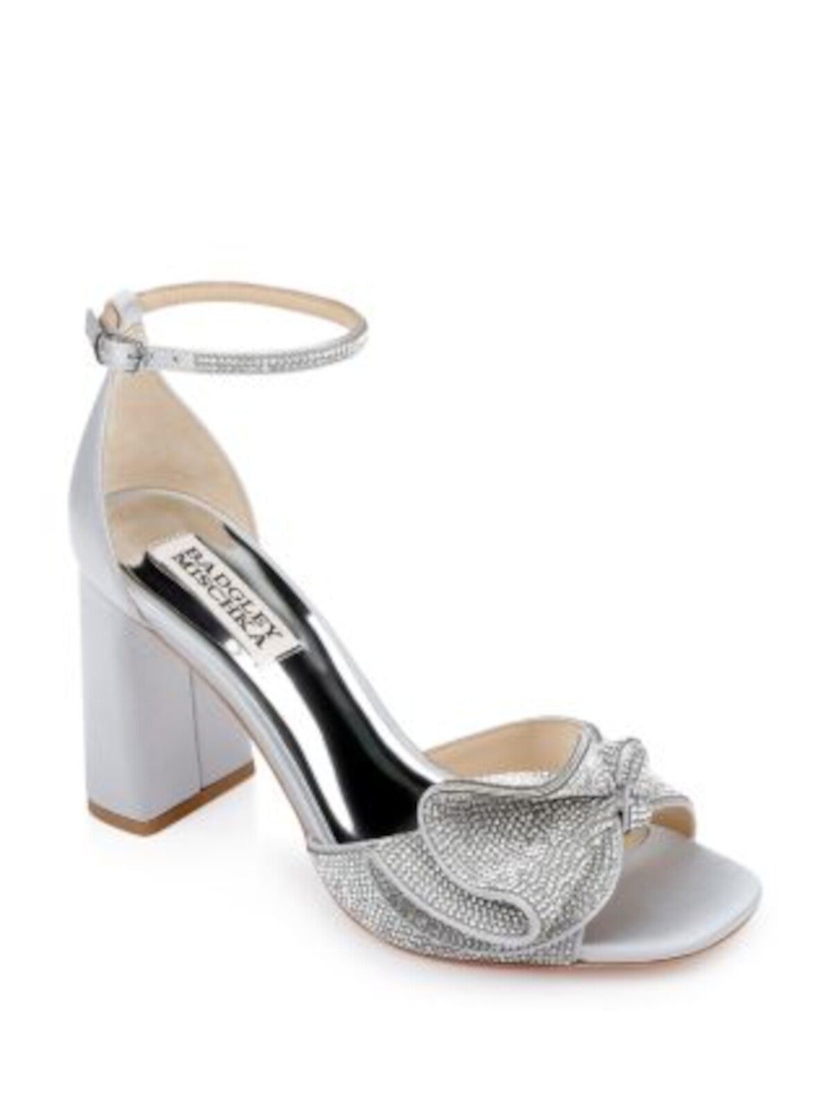 BADGLEY MISCHKA Womens Silver Knotted Ruffel Embellished Padded Poppy Square Toe Block Heel Buckle Dress Heeled Sandal 6.5 M