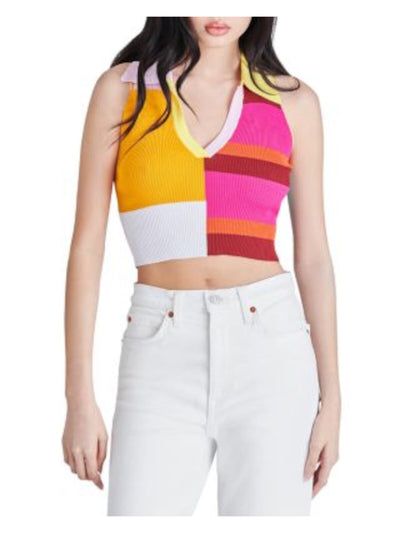 STEVE MADDEN Womens Pink Ribbed Pullover Color Block Sleeveless Collared Crop Top XS