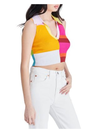 STEVE MADDEN Womens Pink Ribbed Pullover Color Block Sleeveless Collared Crop Top XS