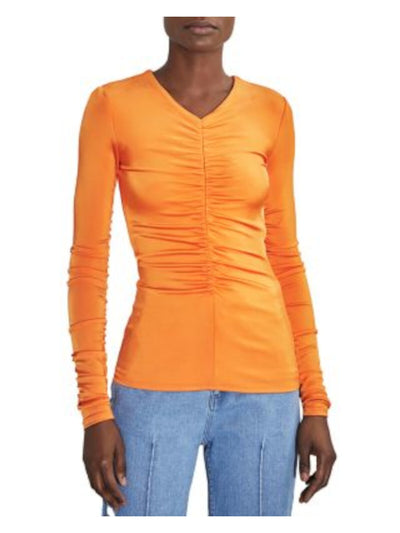 ET OCHS Womens Orange Ruched Pullover Long Sleeve V Neck Top S