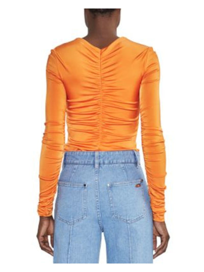 ET OCHS Womens Orange Ruched Pullover Long Sleeve V Neck Top S