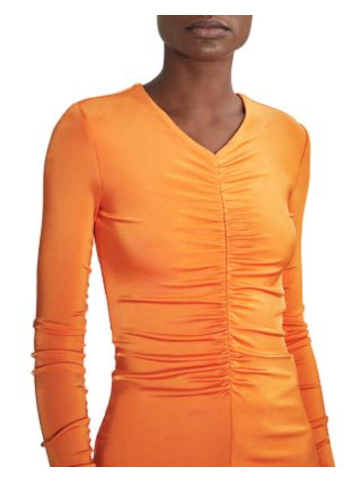 ET OCHS Womens Orange Ruched Pullover Long Sleeve V Neck Top S