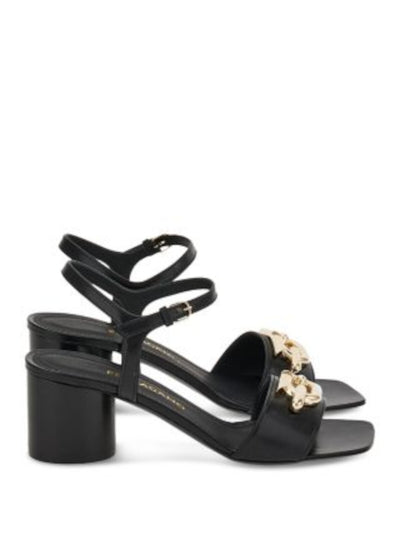 FERRAGAMO Womens Black Metallic Logo Hardware Ankle Strap Padded Priscilla 55 Square Toe Sculpted Heel Buckle Leather Heeled Sandal 5 C