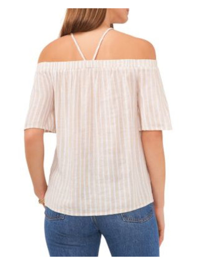 VINCE CAMUTO Womens Beige Tie V-straps Striped Flutter Sleeve Off Shoulder Top XXS