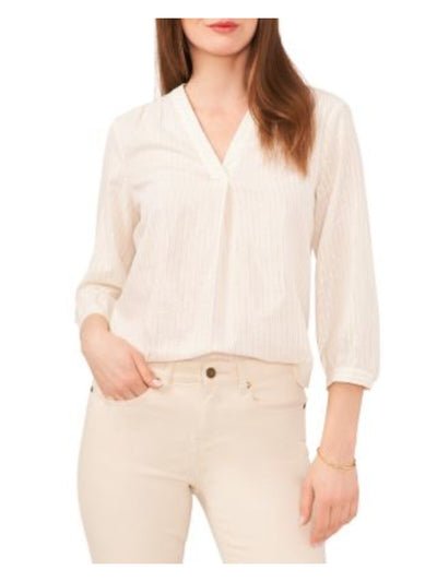 VINCE CAMUTO Womens Ivory Metallic Button Sleeve Pull Over Pinstripe 3/4 Sleeve V Neck Wear To Work Blouse XS