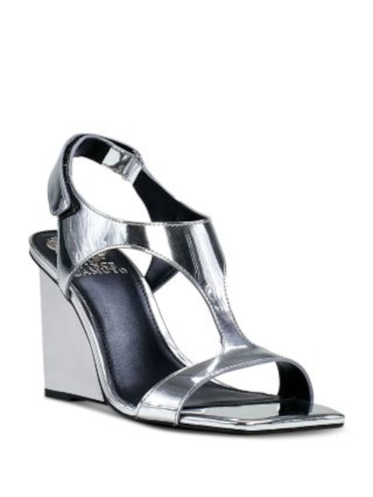 VINCE CAMUTO Womens Silver T-Strap Metallic Padded Larahana Square Toe Wedge Leather Heeled Sandal 8.5 M