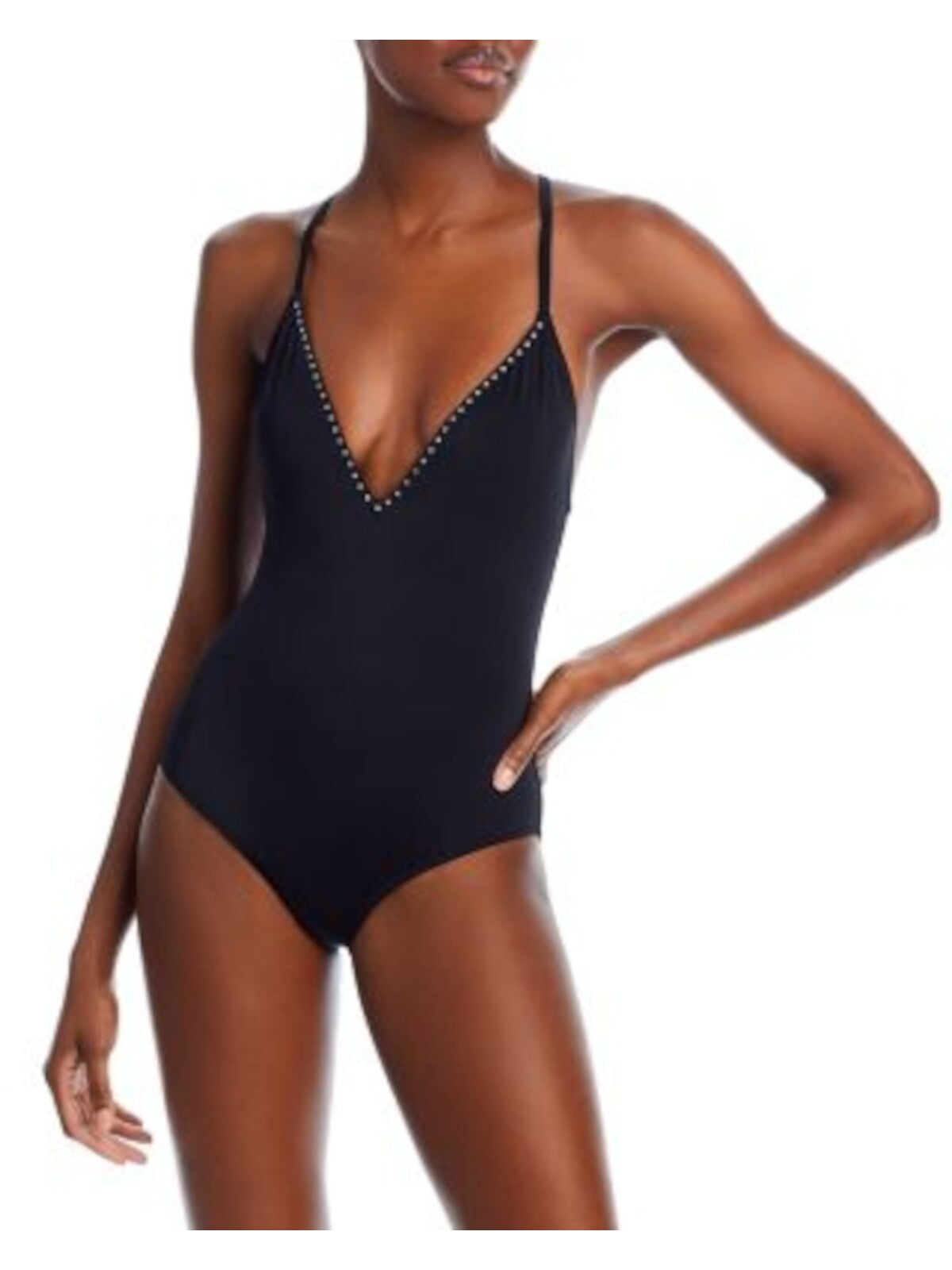 AQUA SWIM Women's Black Stretch V-Neck Rhinestones No Padding Adjustable Moderate Coverage One Piece Swimsuit XL