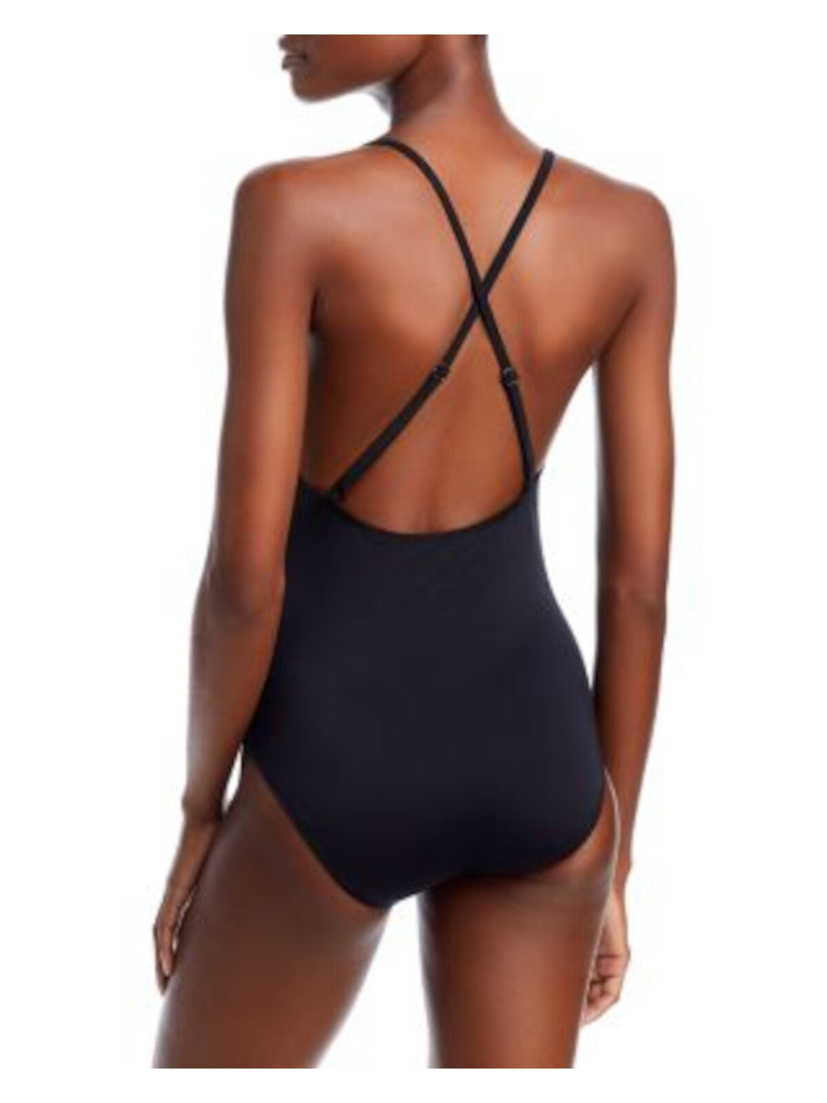 AQUA SWIM Women's Black Stretch V-Neck Rhinestones No Padding Adjustable Moderate Coverage One Piece Swimsuit S