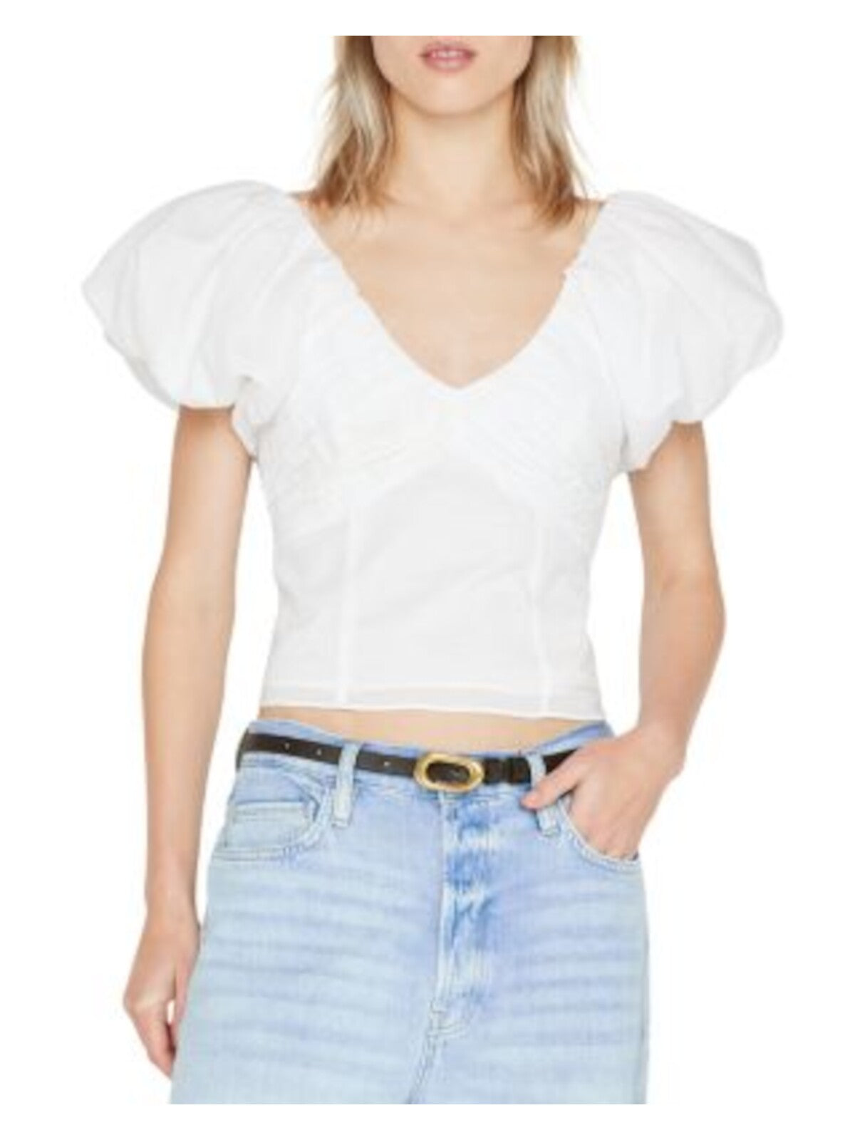 FRAME Womens White Textured Pleated Lined Pouf Sleeve V Neck Crop Top M