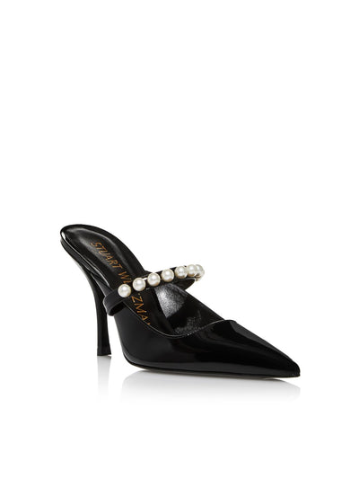 STUART WEITZMAN Womens Black Embellished Strap Padded Goldie 100 Pointed Toe Stiletto Slip On Leather Dress Heeled Mules Shoes 8 B