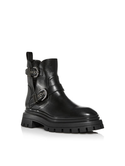 STUART WEITZMAN Womens Black 1" Platform Buckle Accent Heel Pull Tab Padded Lug Sole Cut Out Maverick Round Toe Buckle Leather Moto 6.5 B