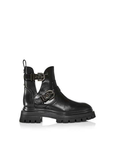 STUART WEITZMAN Womens Black 1" Platform Buckle Accent Heel Pull Tab Padded Lug Sole Cut Out Maverick Round Toe Buckle Leather Moto 6.5 B