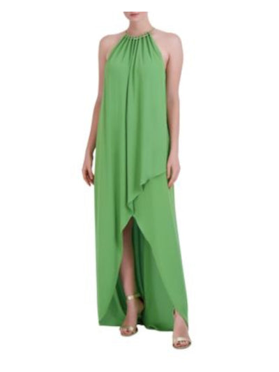 BCBG MAXAZRIA Womens Green Beaded Lined Keyhole Back Crossover Skirt Sleeveless Halter Full-Length Party Hi-Lo Dress S