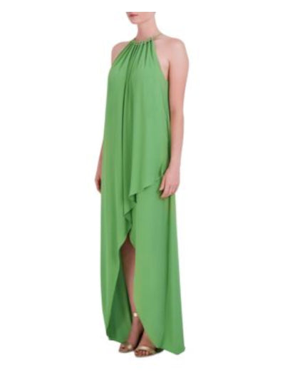 BCBG MAXAZRIA Womens Green Beaded Lined Keyhole Back Crossover Skirt Sleeveless Halter Full-Length Party Hi-Lo Dress S