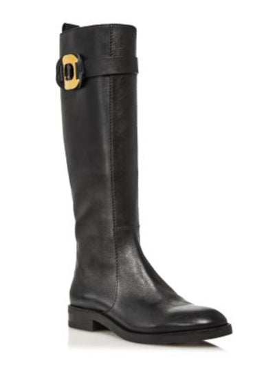 SEE BY CHLOE Womens Black Logo Strap Back Pull-Tab Padded Round Toe Block Heel Zip-Up Leather Rain Boots 37