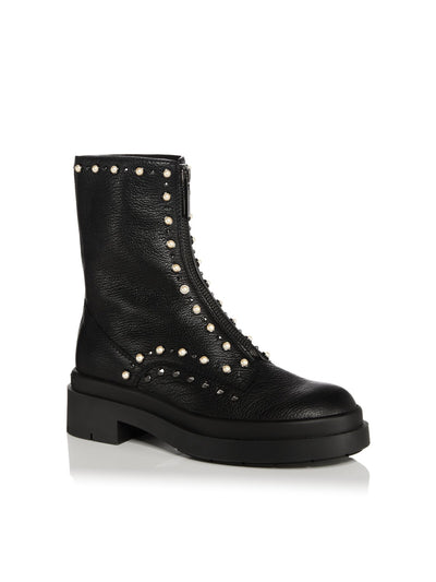 JIMMY CHOO Womens Black Faux Pearls Fits Small Studded Padded Nola Round Toe Zip-Up Leather Combat Boots 38