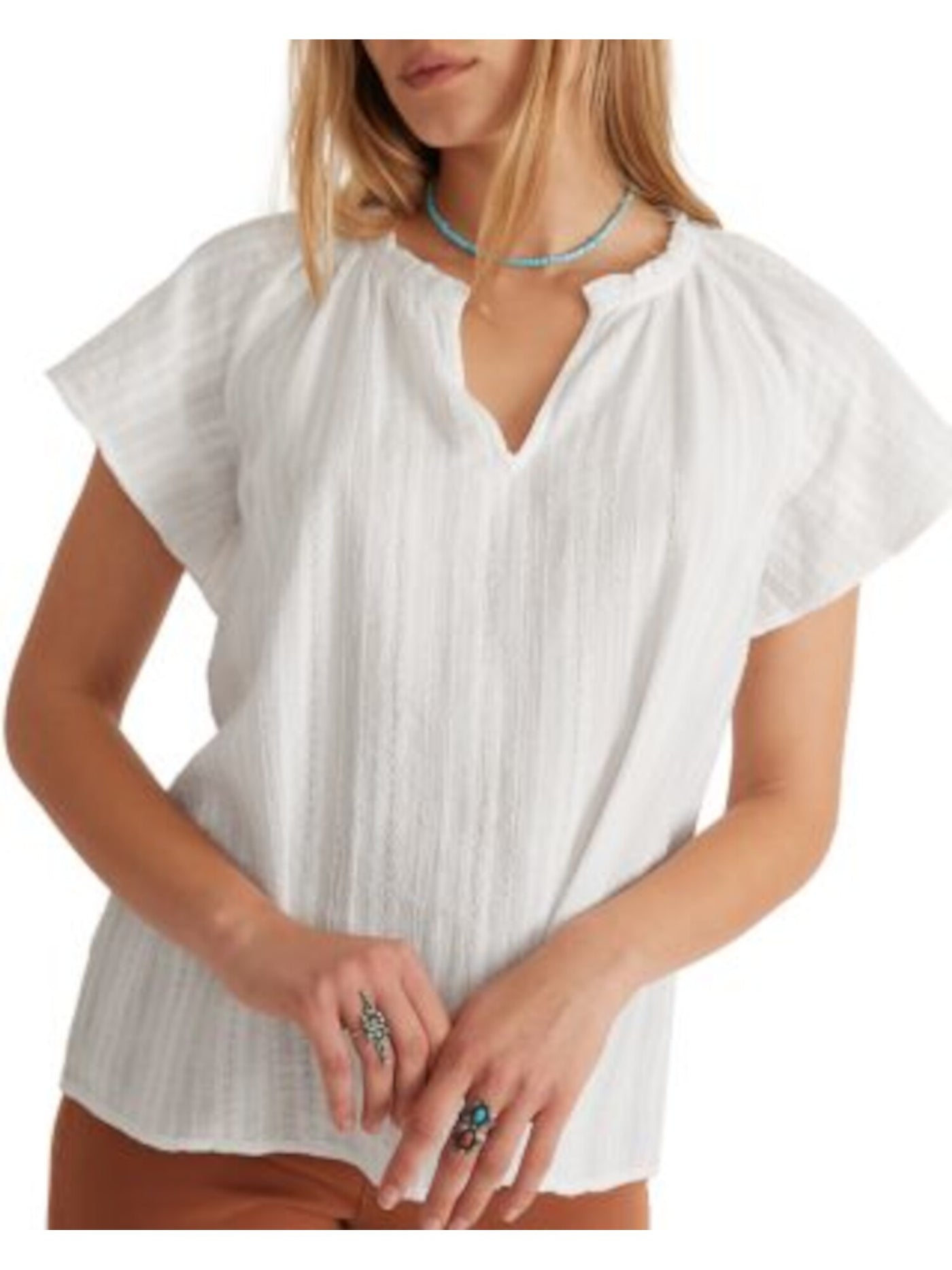 MARINE LAYER Womens White Textured Ruffled Short Sleeve Split Blouse S