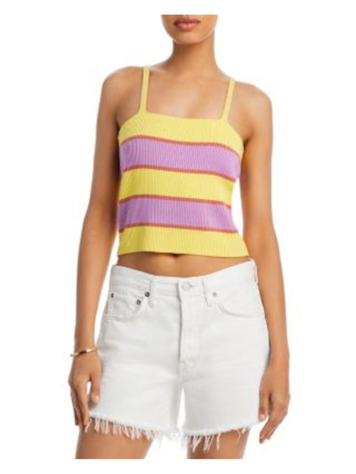 MOTHER Womens Yellow Ribbed Short Length Striped Sleeveless Square Neck Tank Top L