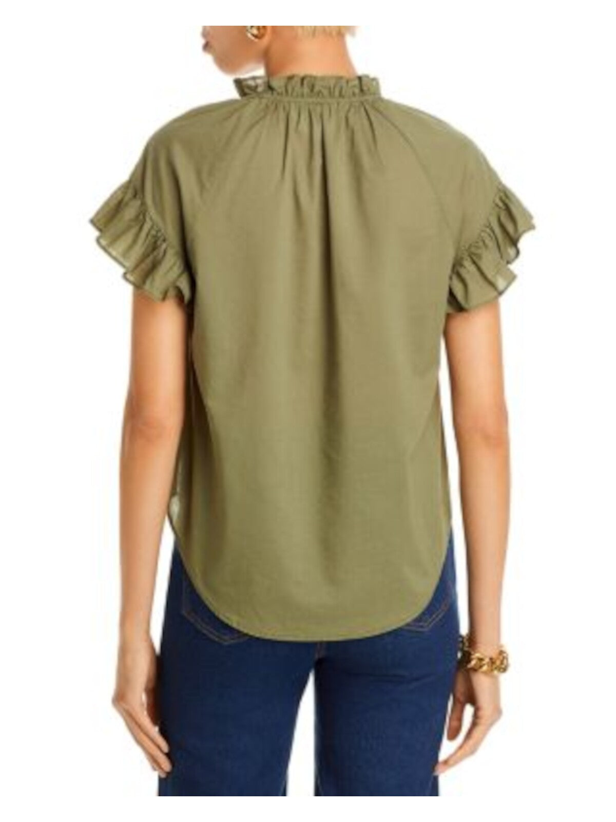 VERONICA BEARD Womens Green Ruffled Three-button Placket Curved Hem Cap Sleeve V Neck Top S