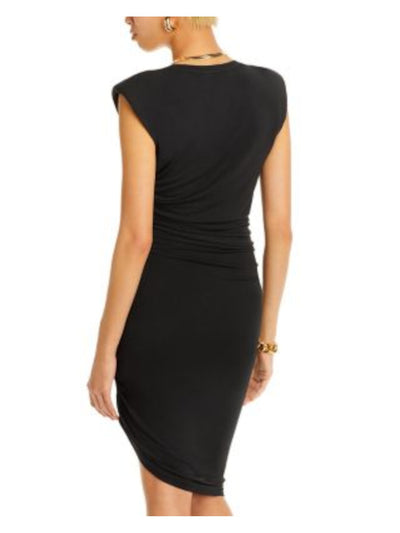 VERONICA BEARD Womens Black Ruched Asymmetric Hem Padded Shoulders Sleeveless Round Neck Above The Knee Party Body Con Dress M