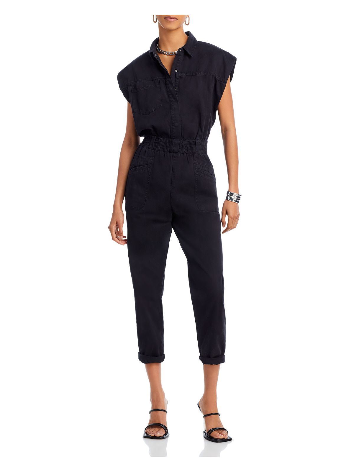 PISTOLA Womens Black Pocketed Snap Front Elastic Waist Cap Sleeve Collared Straight leg Jumpsuit XS
