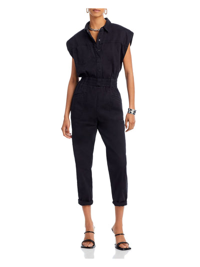 PISTOLA Womens Black Pocketed Snap Front Elastic Waist Cap Sleeve Collared Straight leg Jumpsuit XS