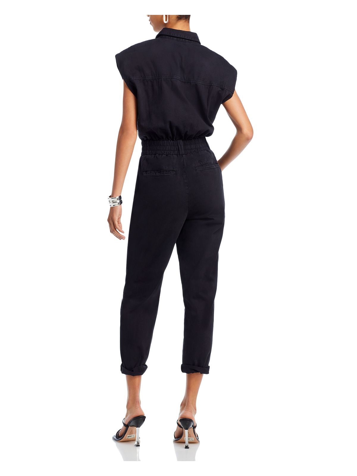 PISTOLA Womens Black Pocketed Snap Front Elastic Waist Cap Sleeve Collared Straight leg Jumpsuit XS