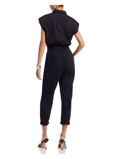 PISTOLA Womens Black Pocketed Snap Front Elastic Waist Cap Sleeve Collared Straight leg Jumpsuit XS